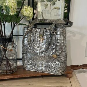 Brahmin Metallic Silver Croc-Embossed Tote